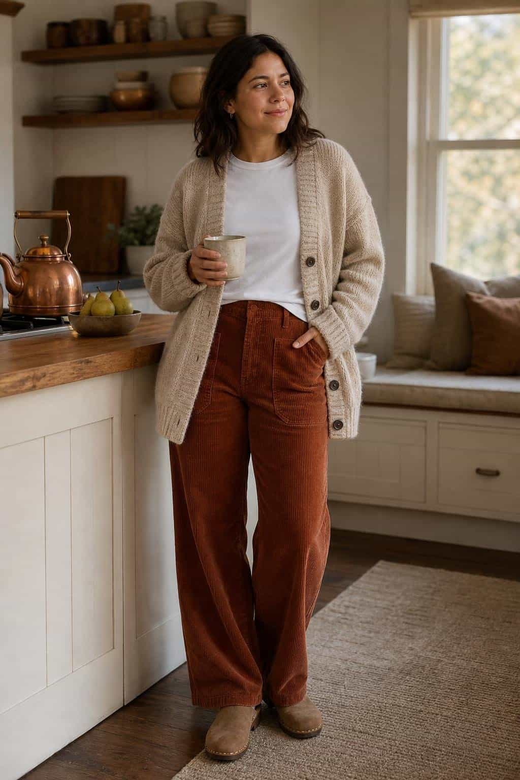 Oatmeal chunky cardigan, white crewneck tee, rust corduroy pants, clogs, cozy kitchen morning (option 1)