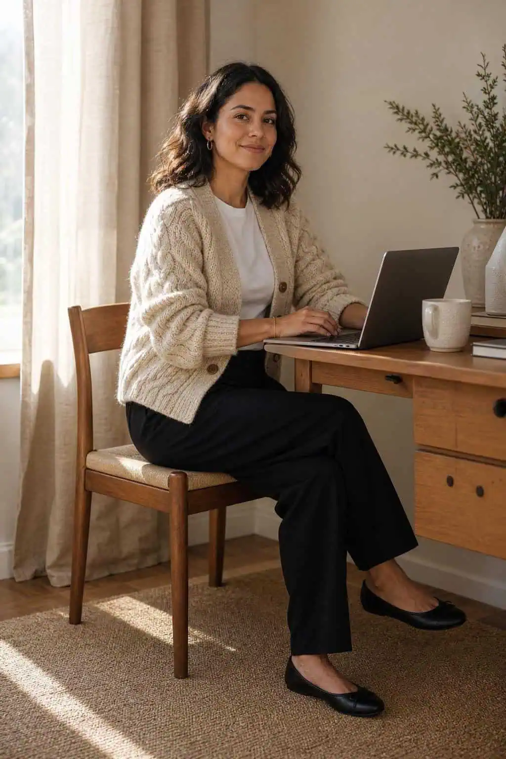 Oatmeal chunky cardigan, white tee, black pleated trousers, black ballet flats, relaxed home office mood (option 1)