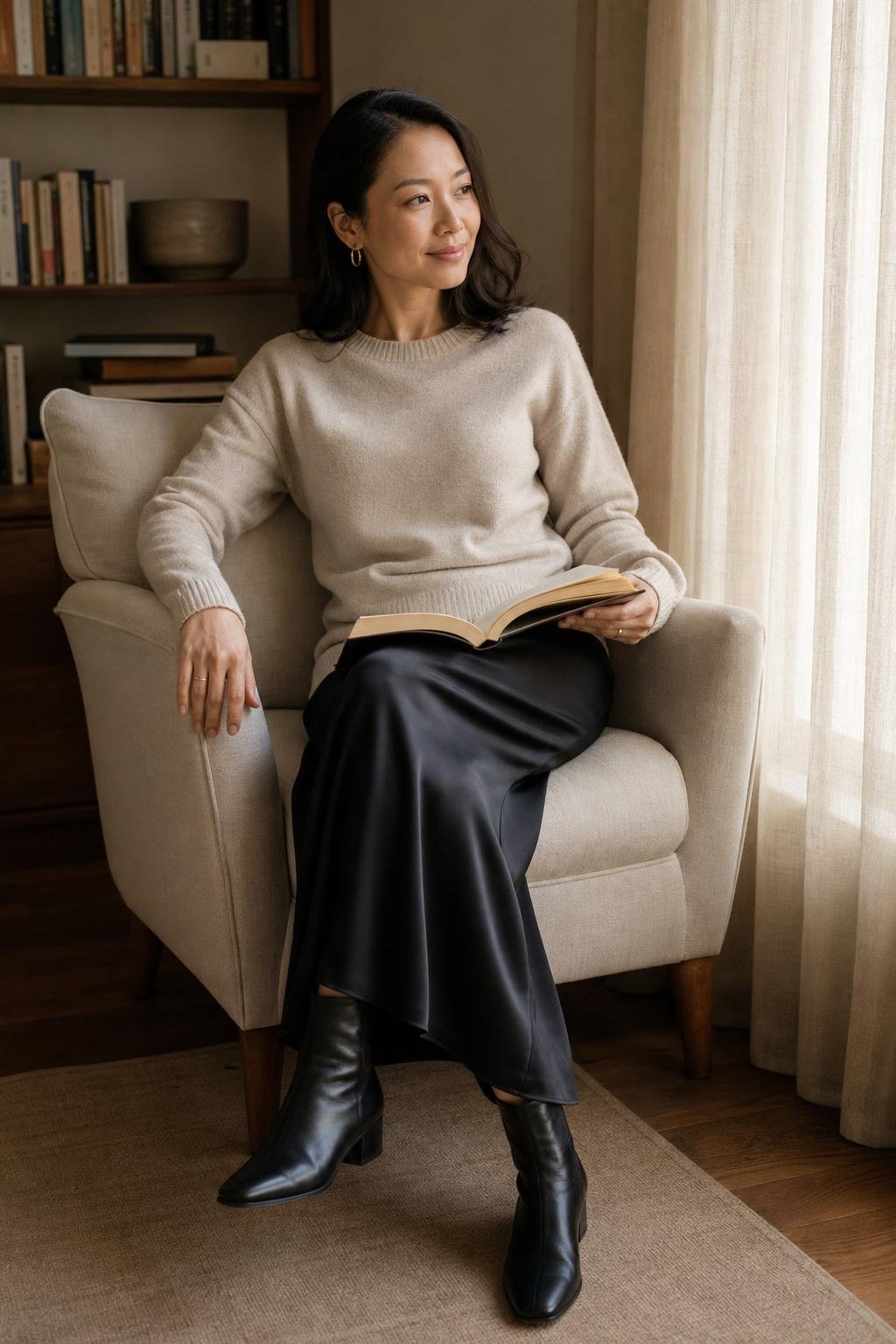 Oatmeal fine-knit crewneck sweater with black slip skirt, ankle boots, soft indoor reading nook mood (option 2)