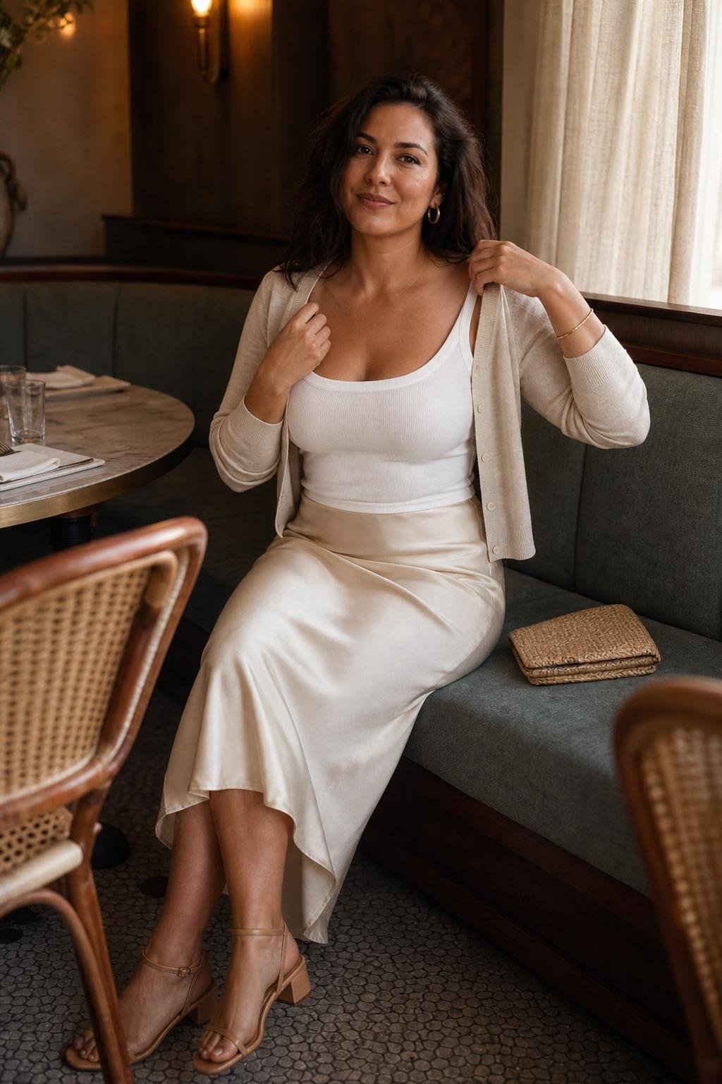 Oatmeal lightweight cardigan over white tank and slip skirt, softly lit restaurant interior (option 2)