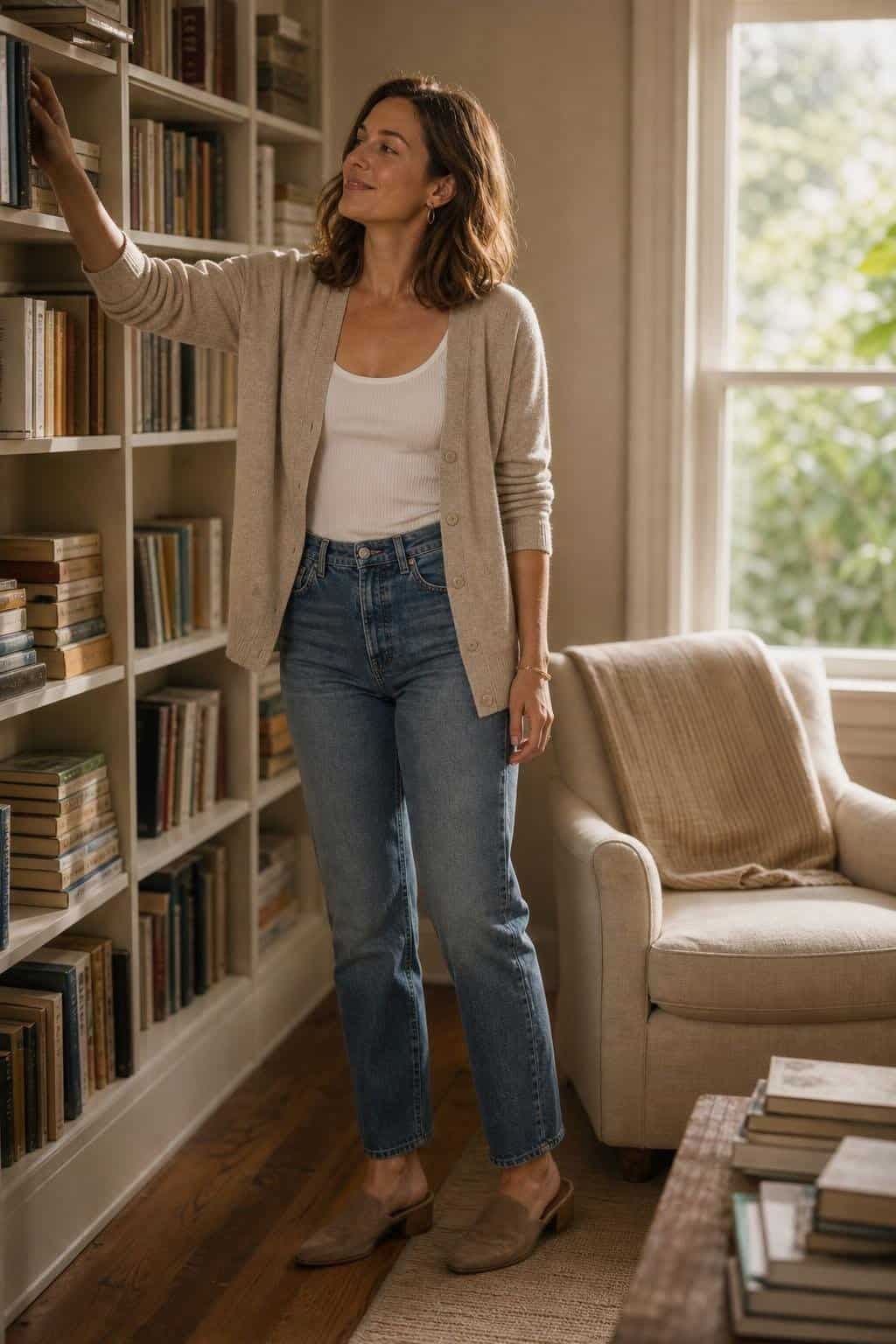Oatmeal lightweight cardigan, white tank, straight blue jeans, suede mules, bookstore browsing afternoon (option 1)