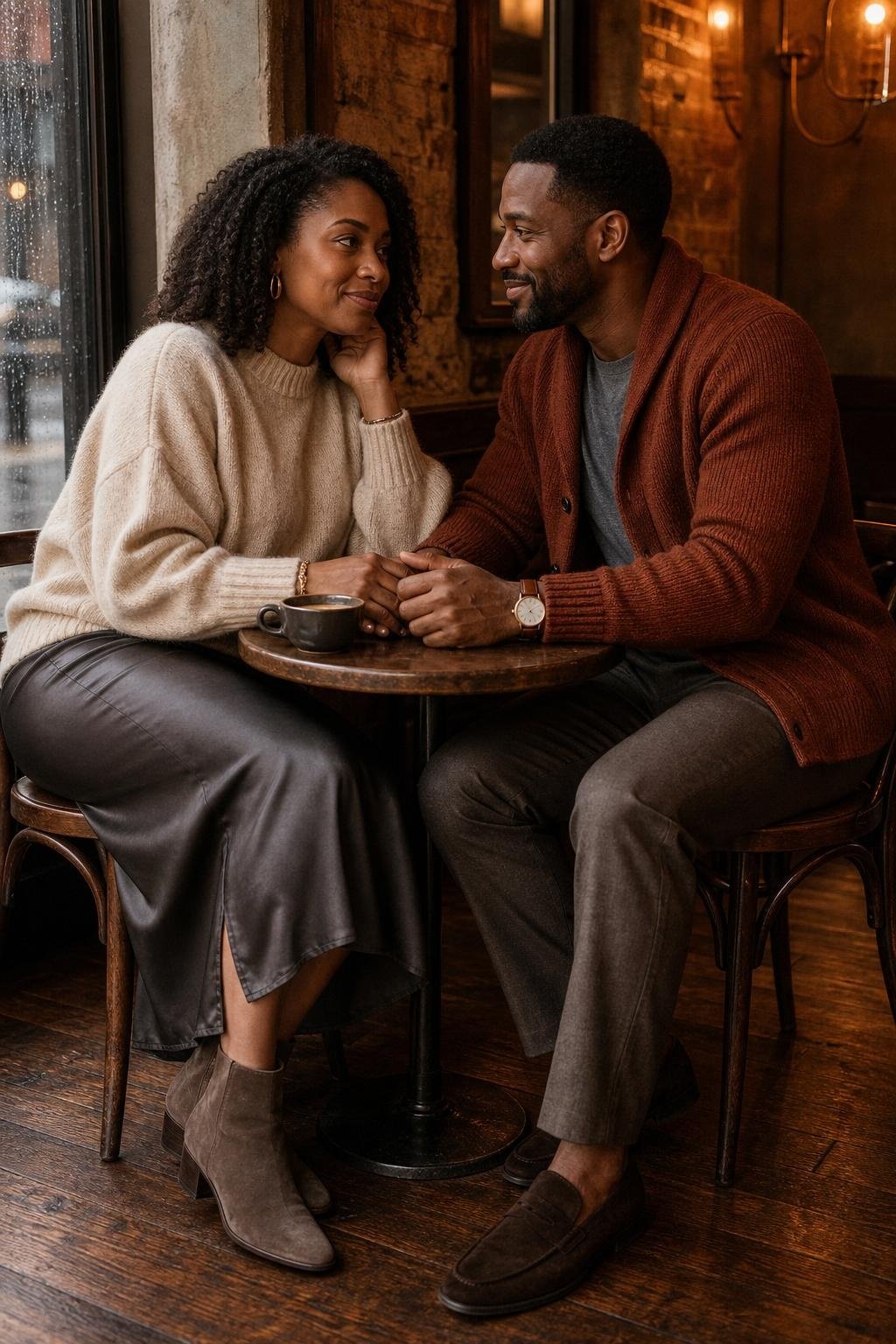 Oatmeal oversized sweater with charcoal satin skirt and suede ankle boots in a cozy café corner (option 1)