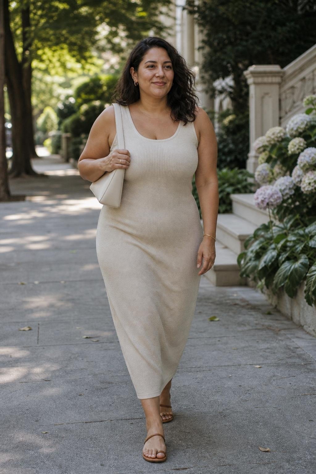 oatmeal ribbed midi dress, flat tan sandals, cream shoulder bag, minimal jewelry, leafy neighborhood stroll (option 1)