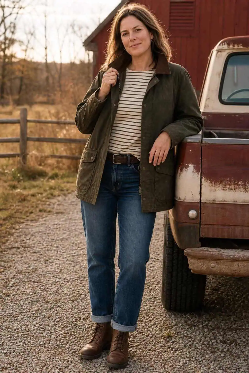 Olive barn jacket, striped long-sleeve tee, cuffed jeans, brown lace-up boots on a gravel driveway (option 1)