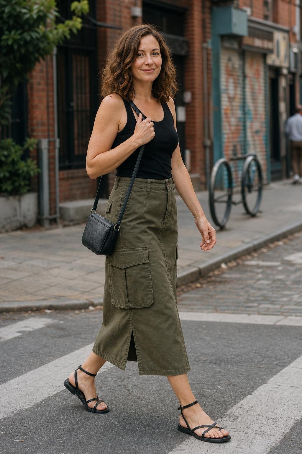 Olive cargo midi skirt, black ribbed tank, black sandals, crossbody bag, urban weekend scene (option 1)