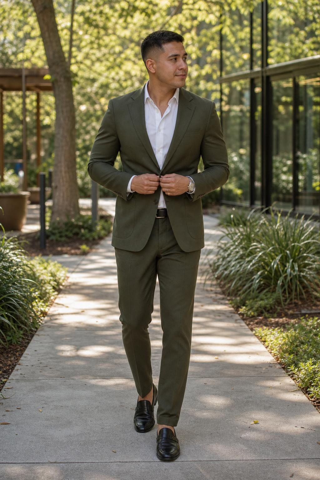 Olive cotton suit, crisp white poplin shirt, black leather loafers, sunlit business-casual workplace (option 1)