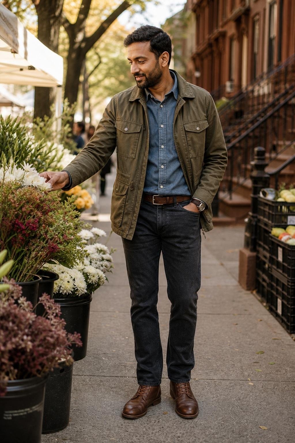 Olive field jacket, chambray shirt, charcoal jeans, brown lace-up boots, weekend farmers market date (option 1)