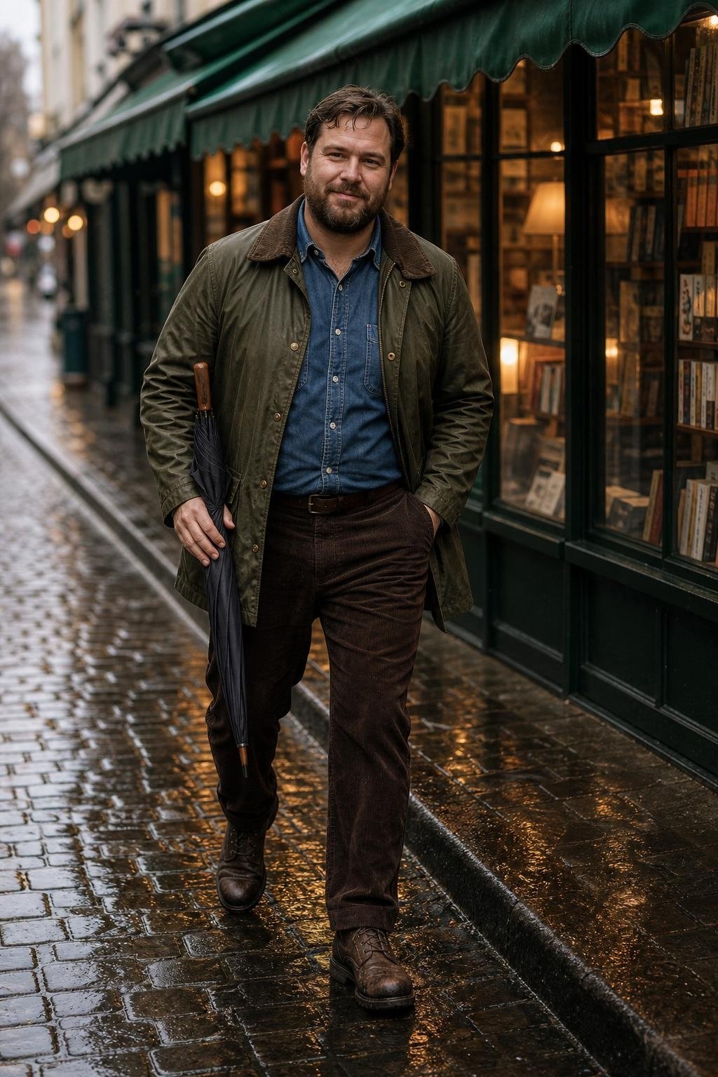 Olive field jacket, mid-blue denim shirt, dark brown cords, rugged leather boots, rainy bookshop street (option 2)