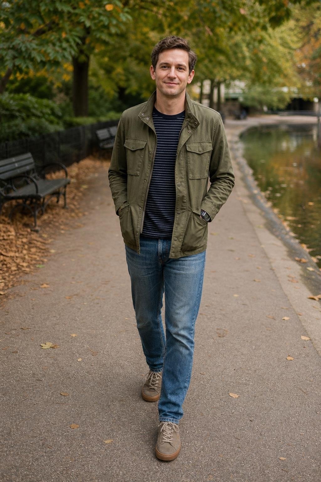 Olive field jacket, navy striped tee, faded blue jeans, gum sole sneakers, weekend park walk (option 1)