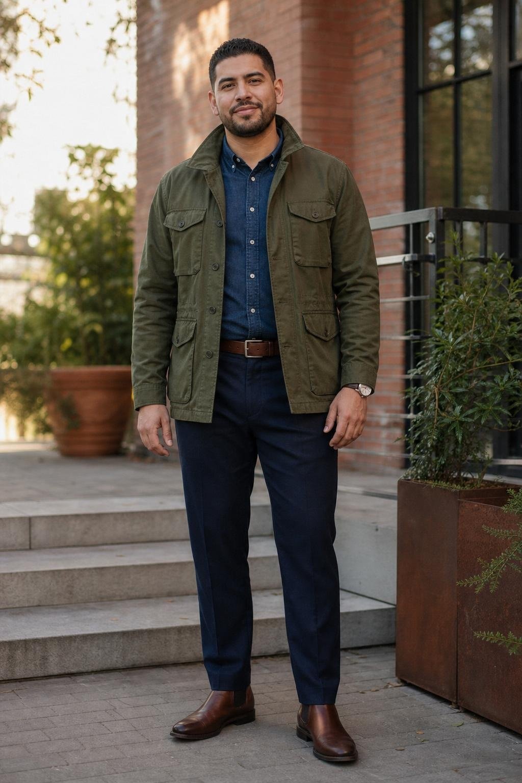 Olive field jacket, navy wool trousers, denim shirt, brown Chelsea boots in a casual Friday office (option 1)