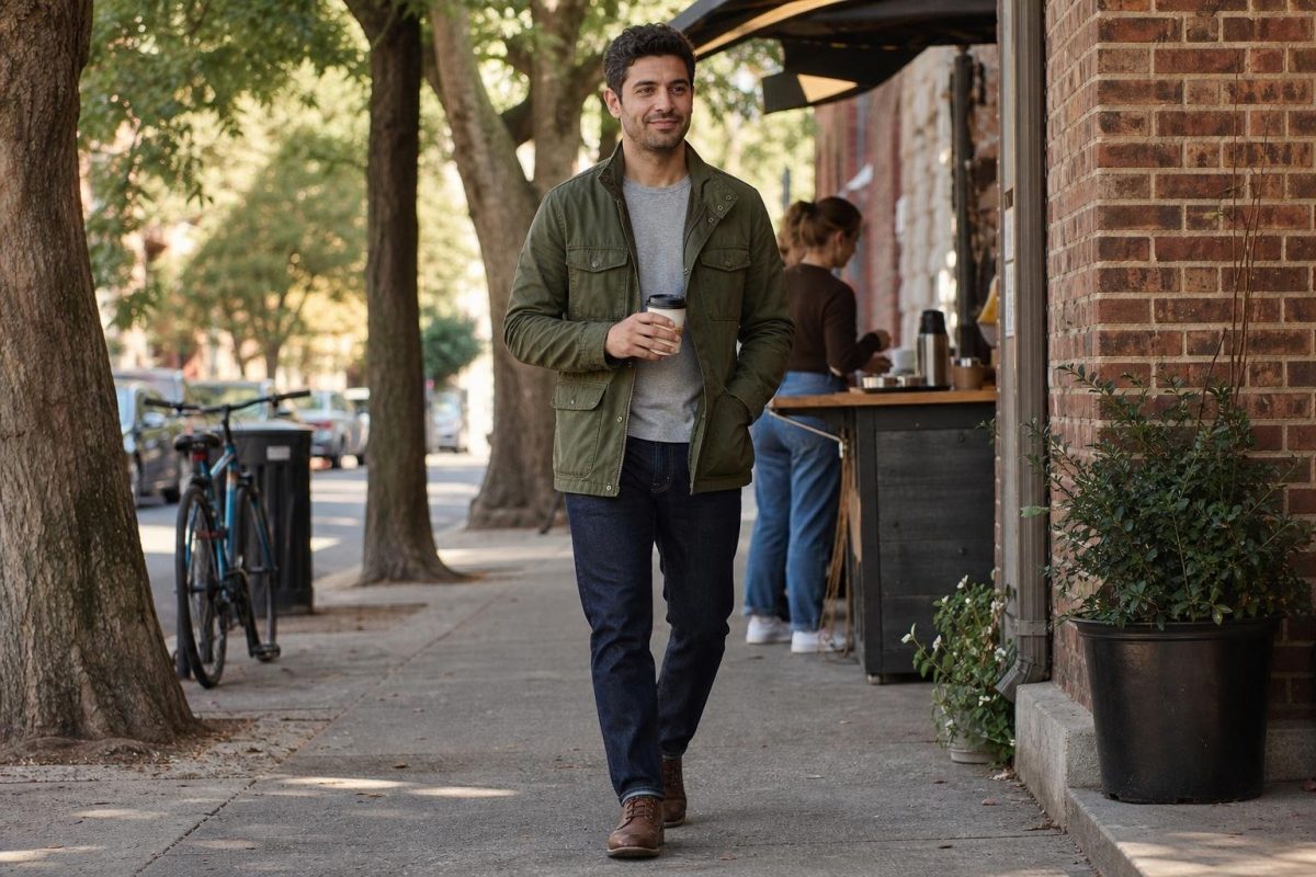 Olive field jacket with indigo jeans, gray knit tee, brown boots, relaxed weekend coffee run scene (option 1)