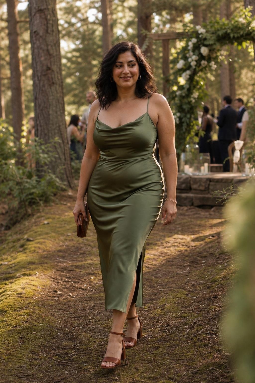 olive green slip dress with brown leather heels at a woodland wedding (option 1)