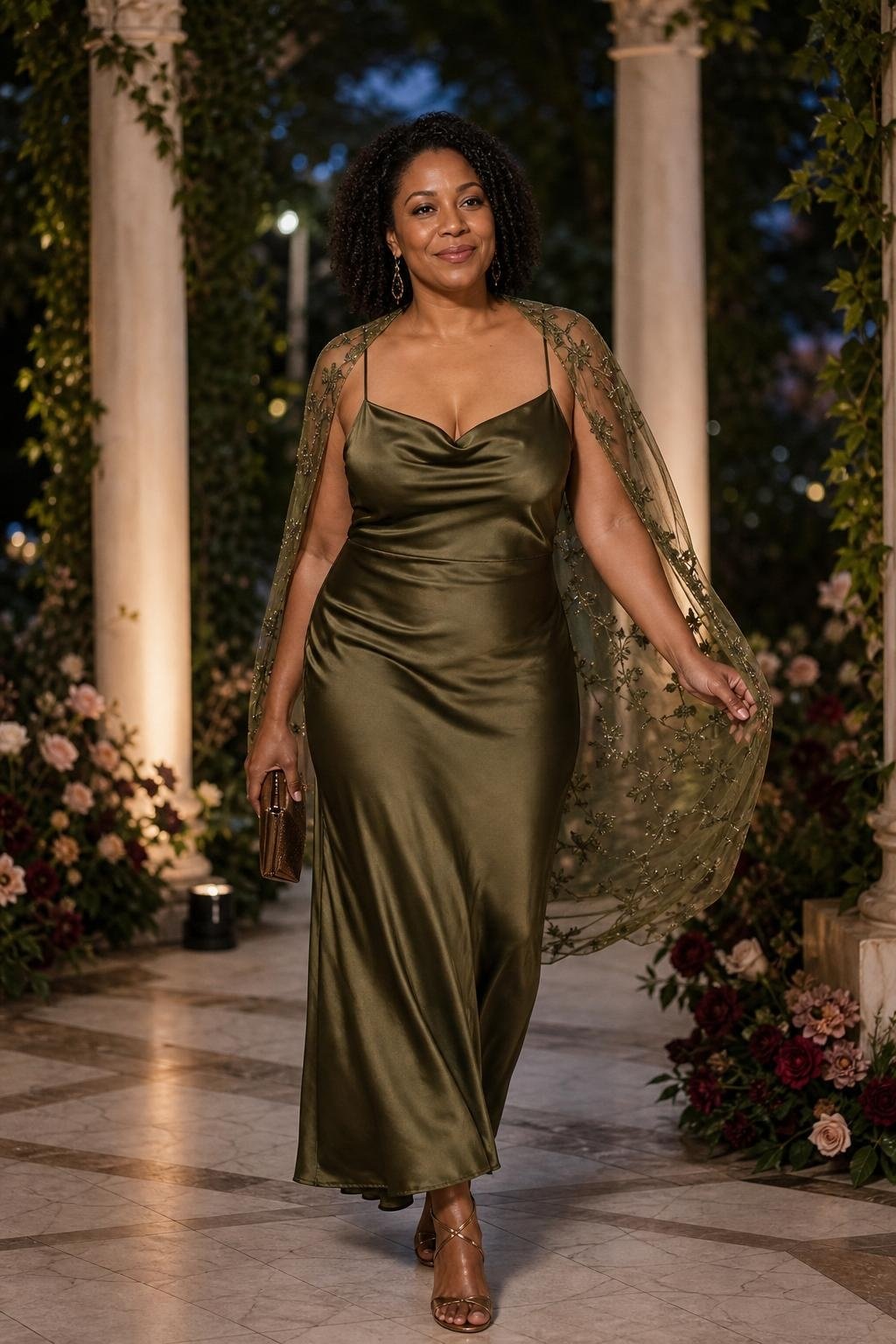 Olive green slip dress with sheer capelet and bronze heels in a formal garden pavilion (option 1)