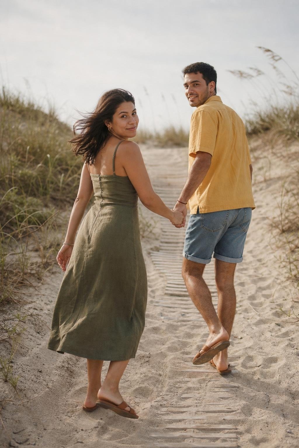 Olive linen midi dress, sunflower cotton shirt, washed denim shorts, tan sandals, playful dunes photo session (option 1)