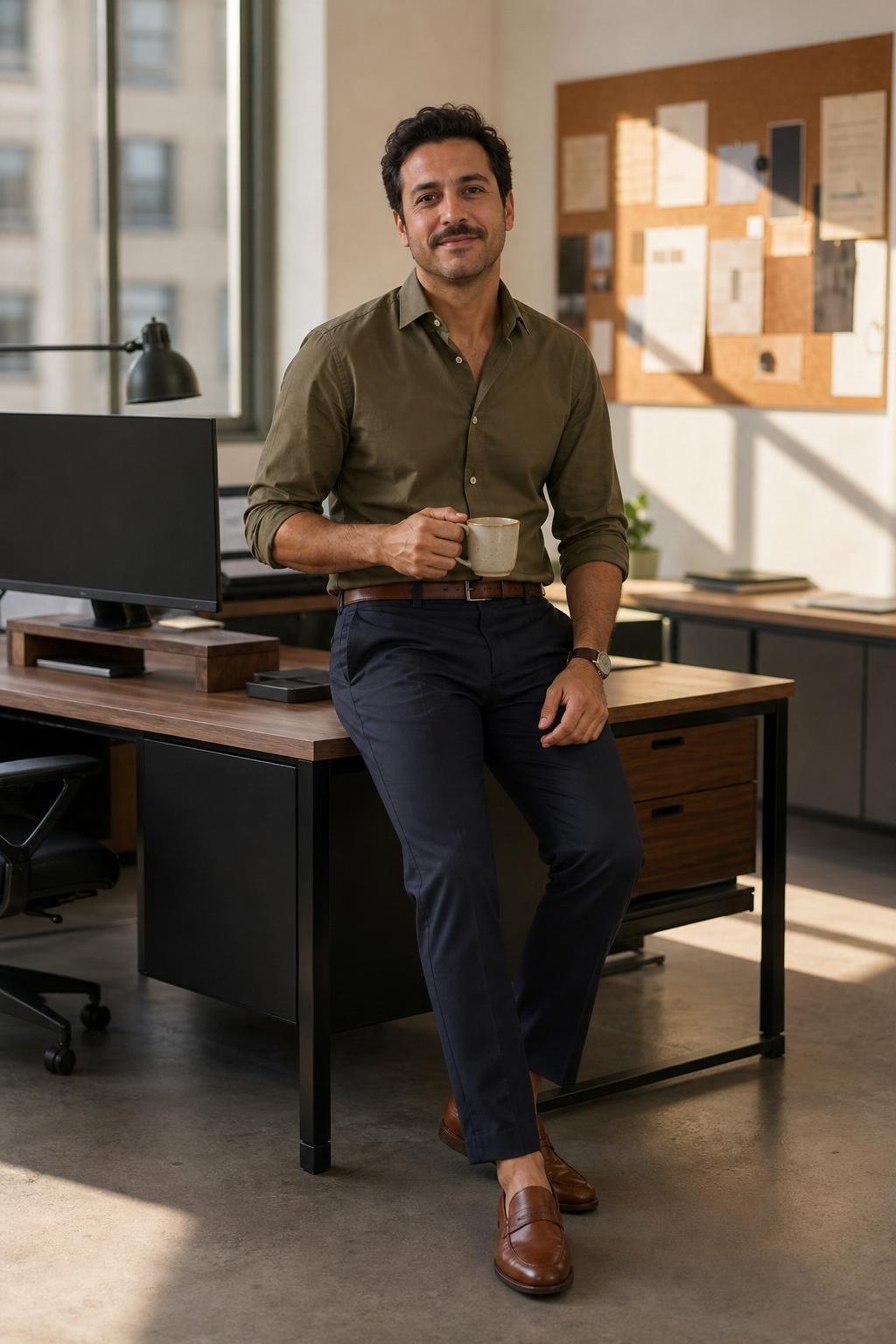 Olive poplin shirt, navy chinos, chestnut loafers, neat open-plan office desk scene (option 1)