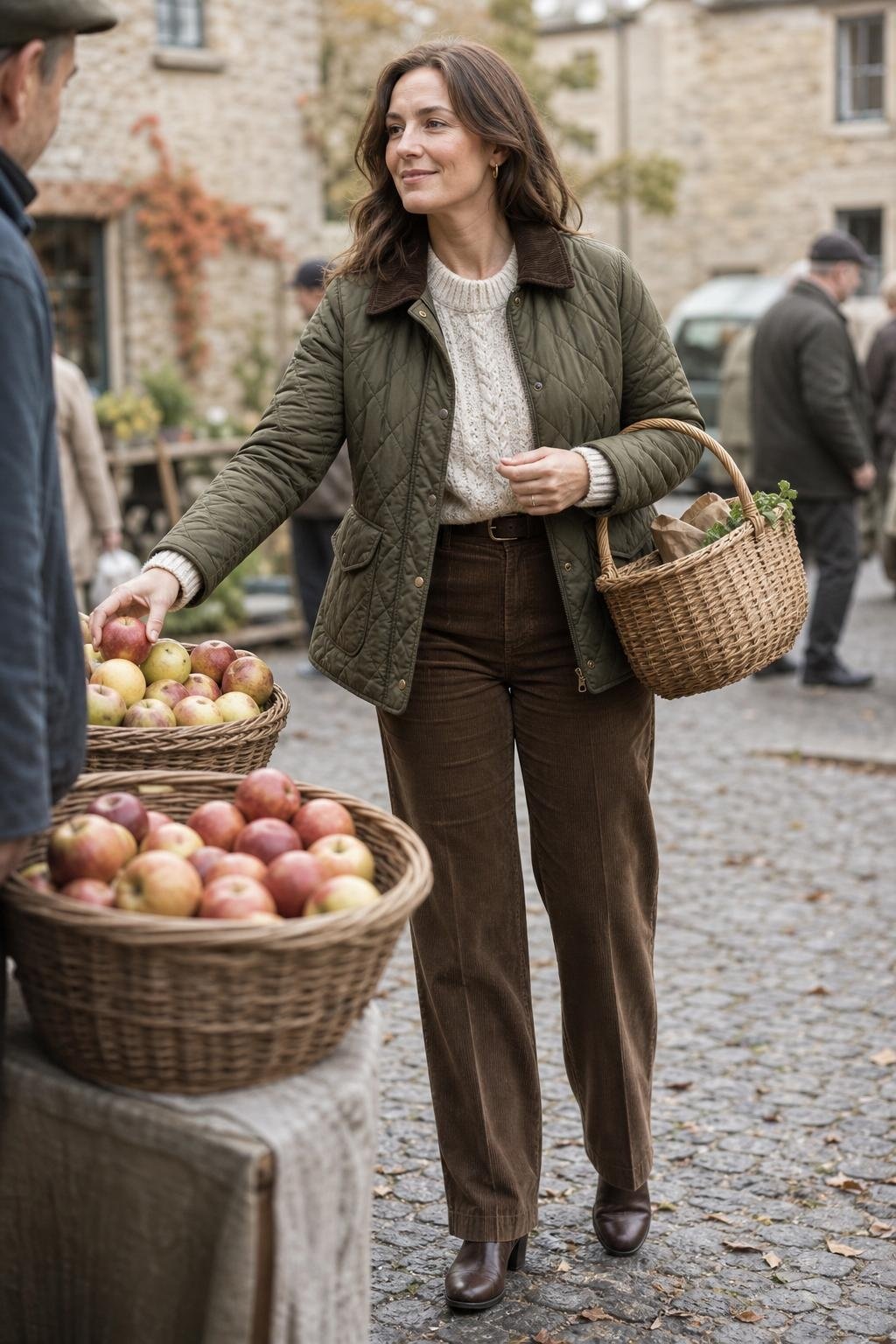 Olive quilted jacket, cream knit, brown corduroy trousers, leather boots, countryside market on a brisk morning (option 1)