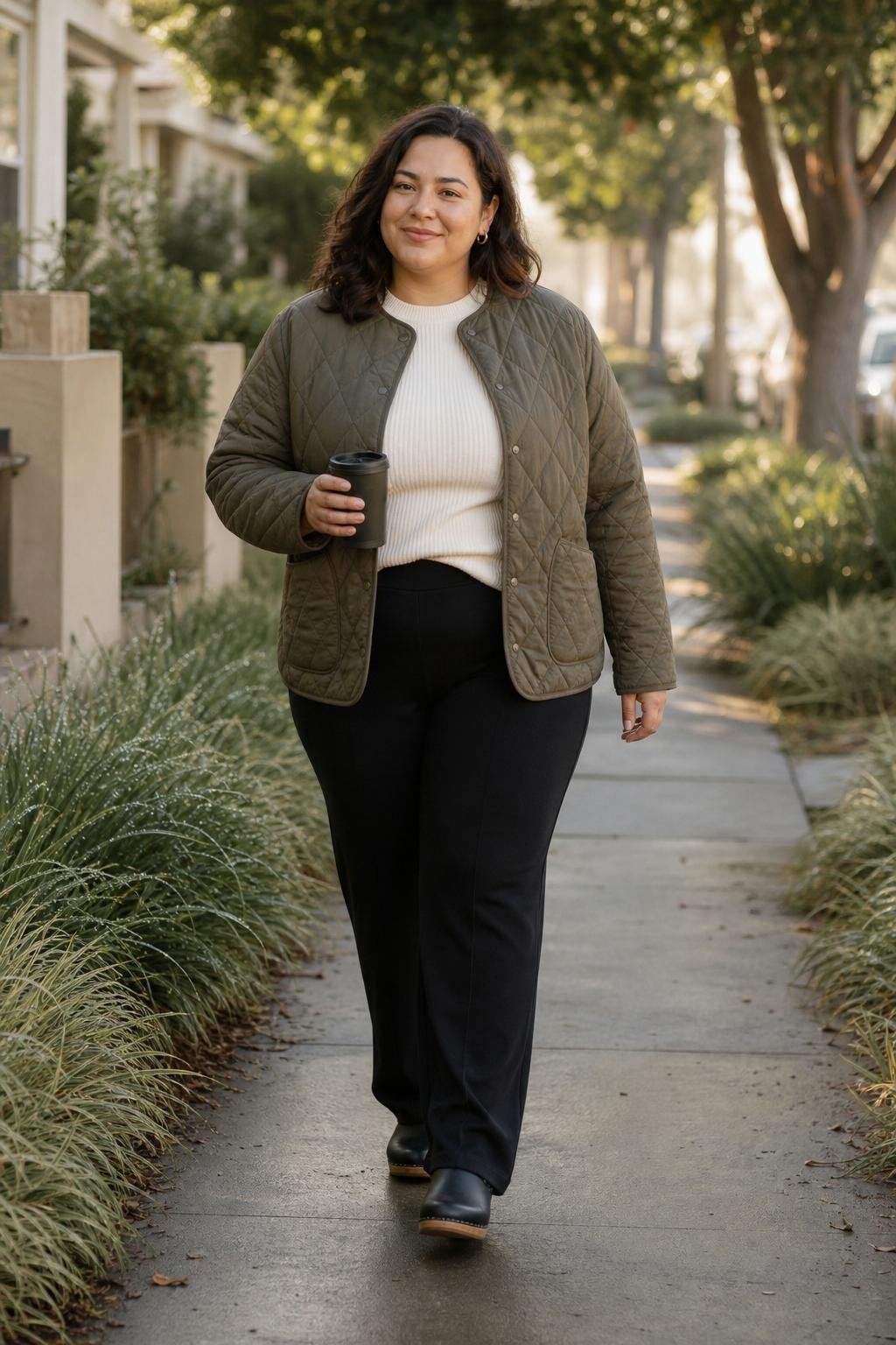 Olive quilted jacket, cream knit top, black knit pants, black clogs, neighborhood morning walk (option 2)