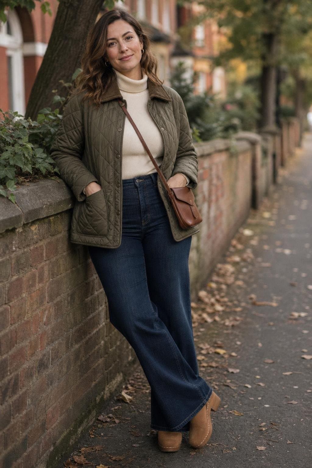 Olive quilted jacket, ivory turtleneck, dark wide-leg jeans, tan clogs on a tree-lined street (option 2)