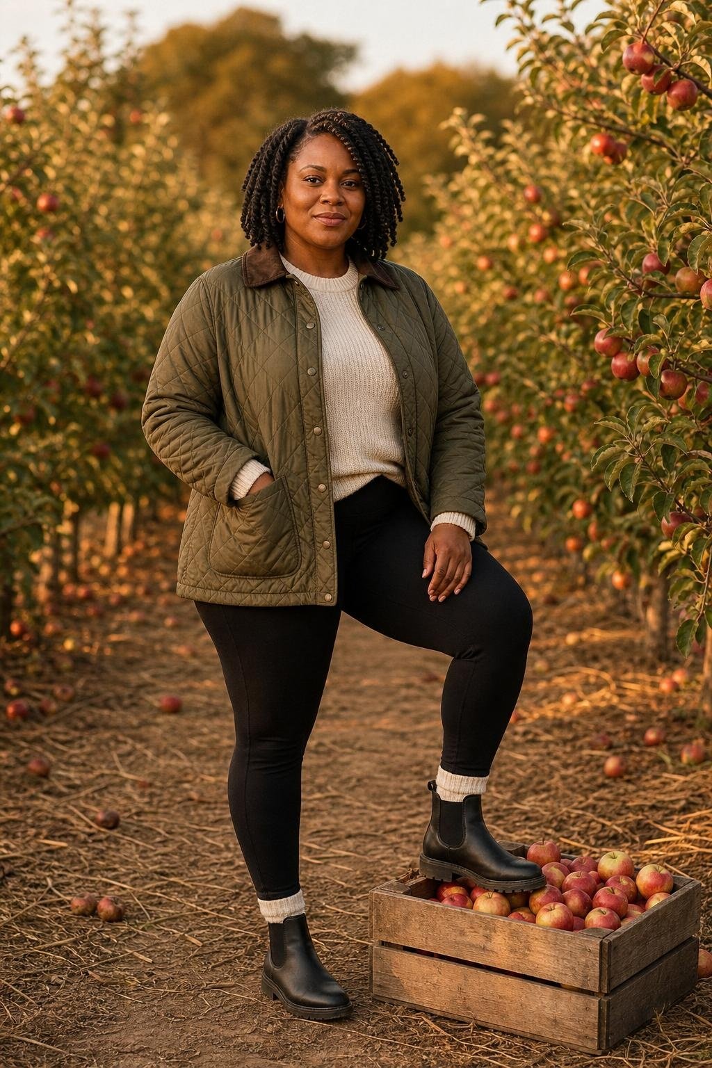 Olive quilted jacket with cream knit, black leggings, Chelsea boots, apple orchard path (option 1)