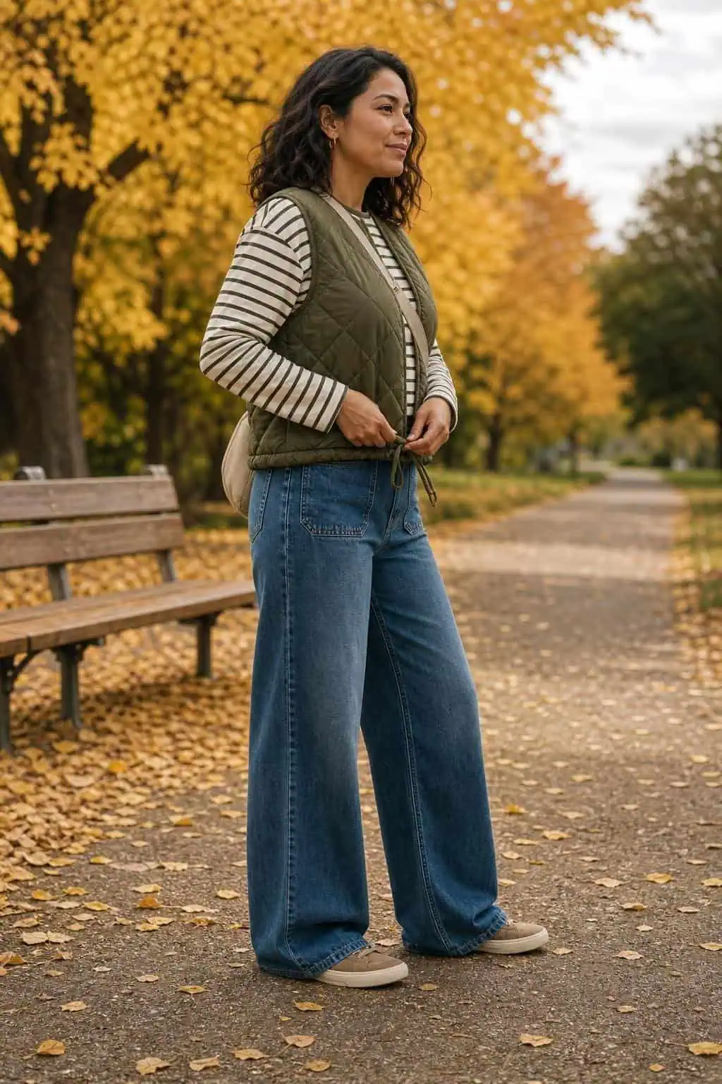 Olive quilted vest, striped long-sleeve tee, wide-leg jeans, tan sneakers, park path in autumn (option 2)