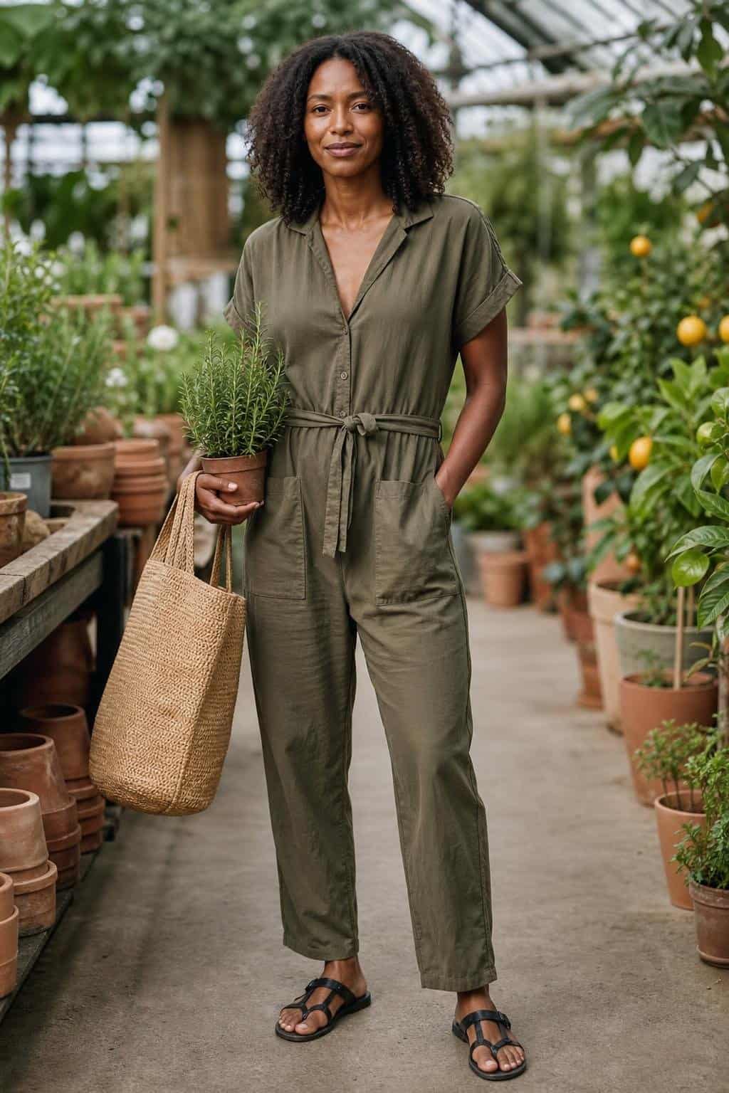 Olive relaxed cotton jumpsuit, flat black sandals, woven tote, weekend garden center aisle (option 2)