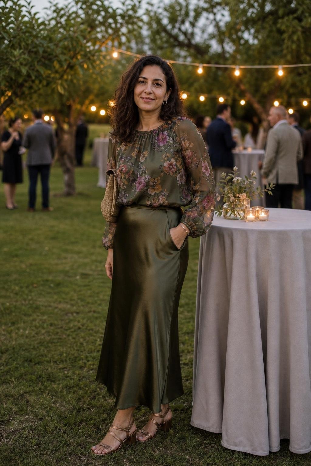 Olive satin slip skirt with floral blouse at an outdoor dressy-casual reception (option 2)