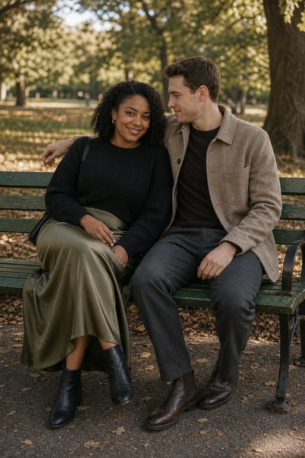 Olive satin slip skirt with soft black sweater and ankle boots in a leafy park (option 1)