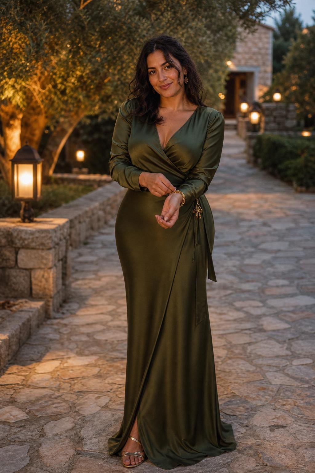 Olive silk wrap gown, antique gold bracelet, bronze sandals, rustic formal estate wedding (option 1)