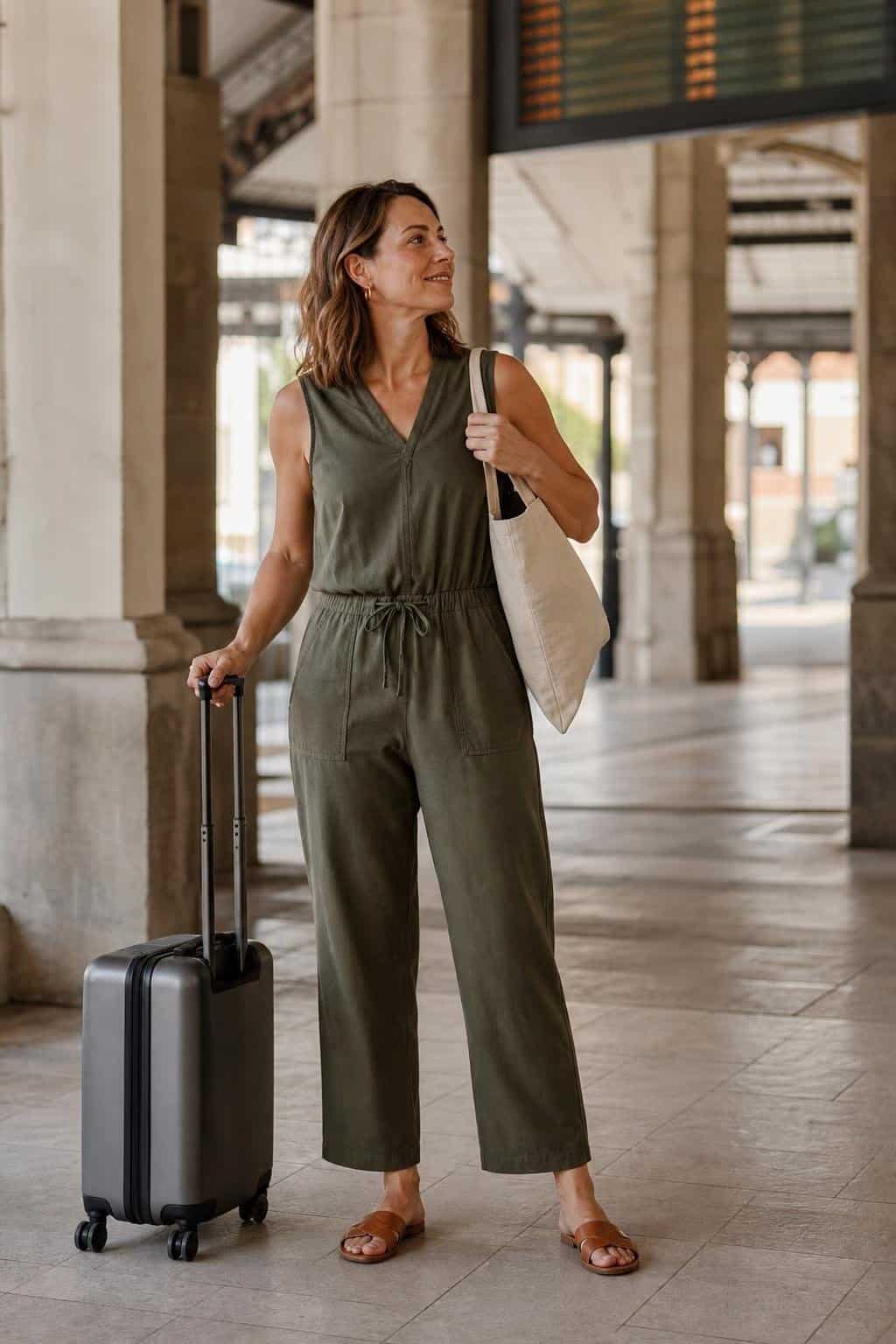 Olive sleeveless cotton jumpsuit, tan slides, canvas tote, simple hoop earrings, casual travel day scene (option 2)