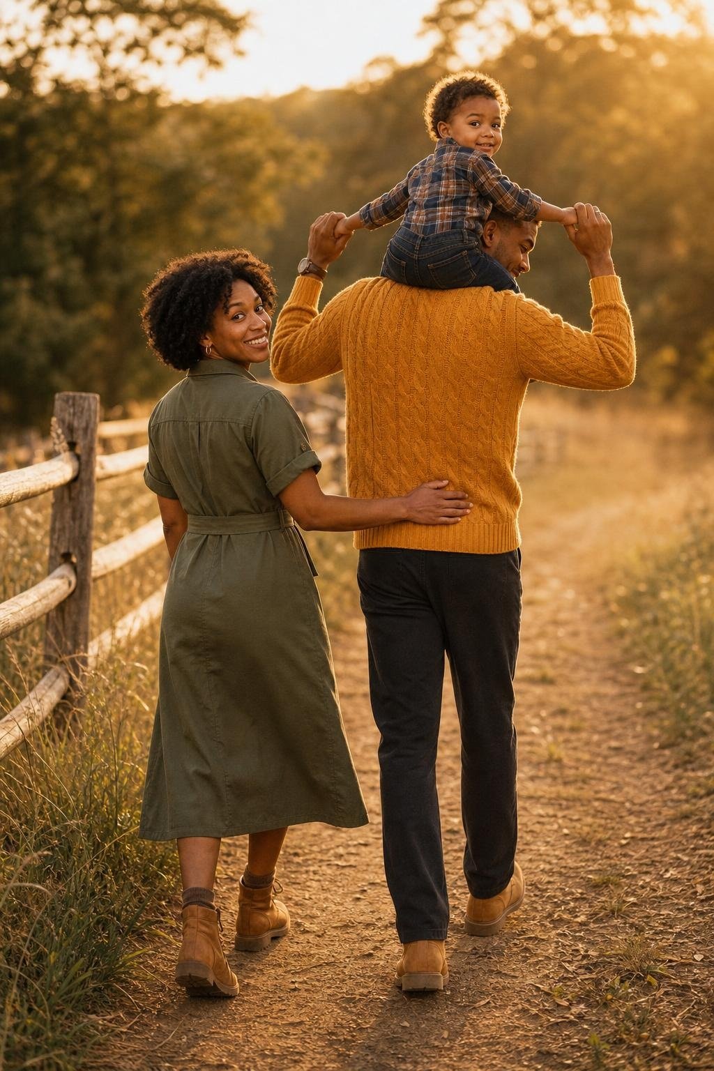 Olive utility dress, marigold cable sweater, dark denim, tan lace-up boots in a rustic farm path scene (option 2)