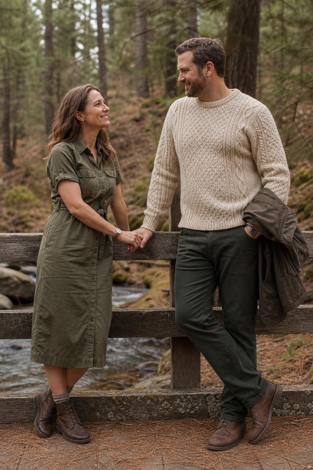 Olive utility dress with oatmeal fisherman knit on a quiet wooden bridge trail (option 1)
