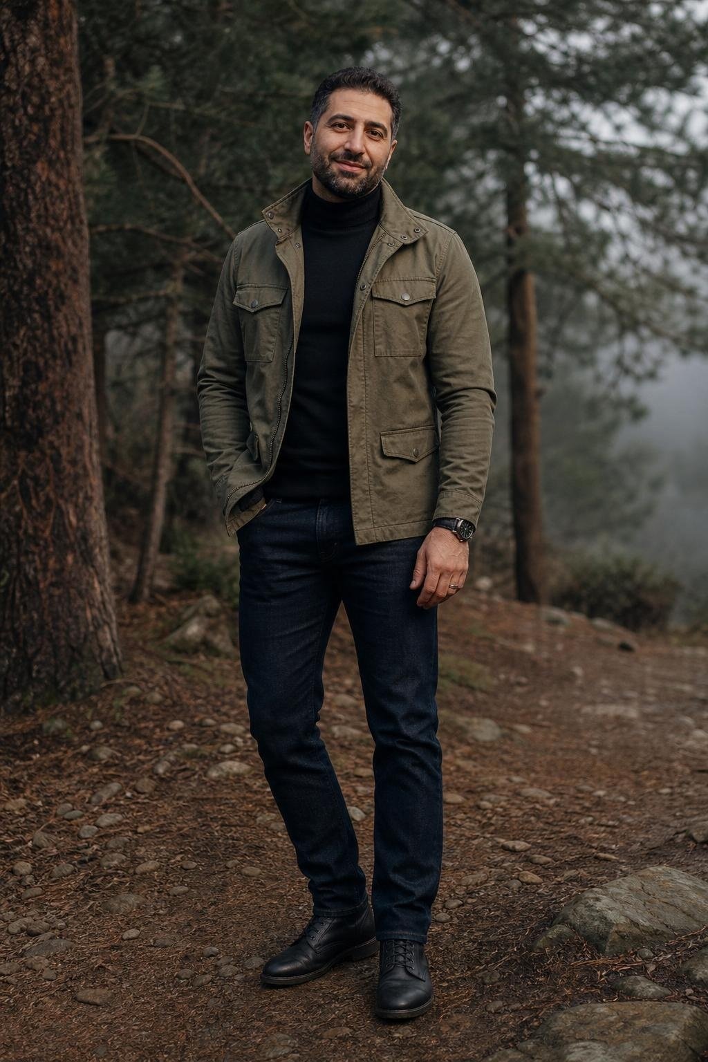 Olive utility jacket, black turtleneck, dark indigo jeans, black boots, moody outdoor family portrait (option 1)