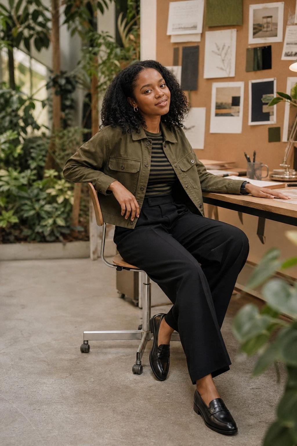 Olive utility jacket, black wide-leg trousers, striped knit top, black loafers, casual creative office desk (option 1)