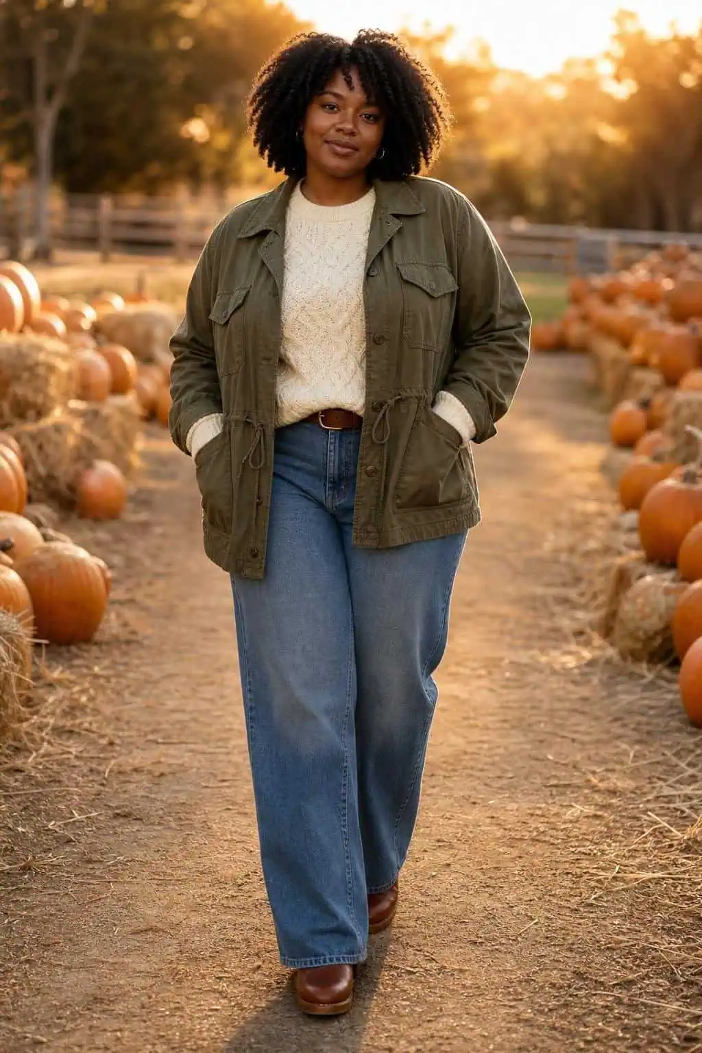 Olive utility jacket, cream cable sweater, wide-leg jeans, brown clogs, relaxed pumpkin patch walkway (option 2)