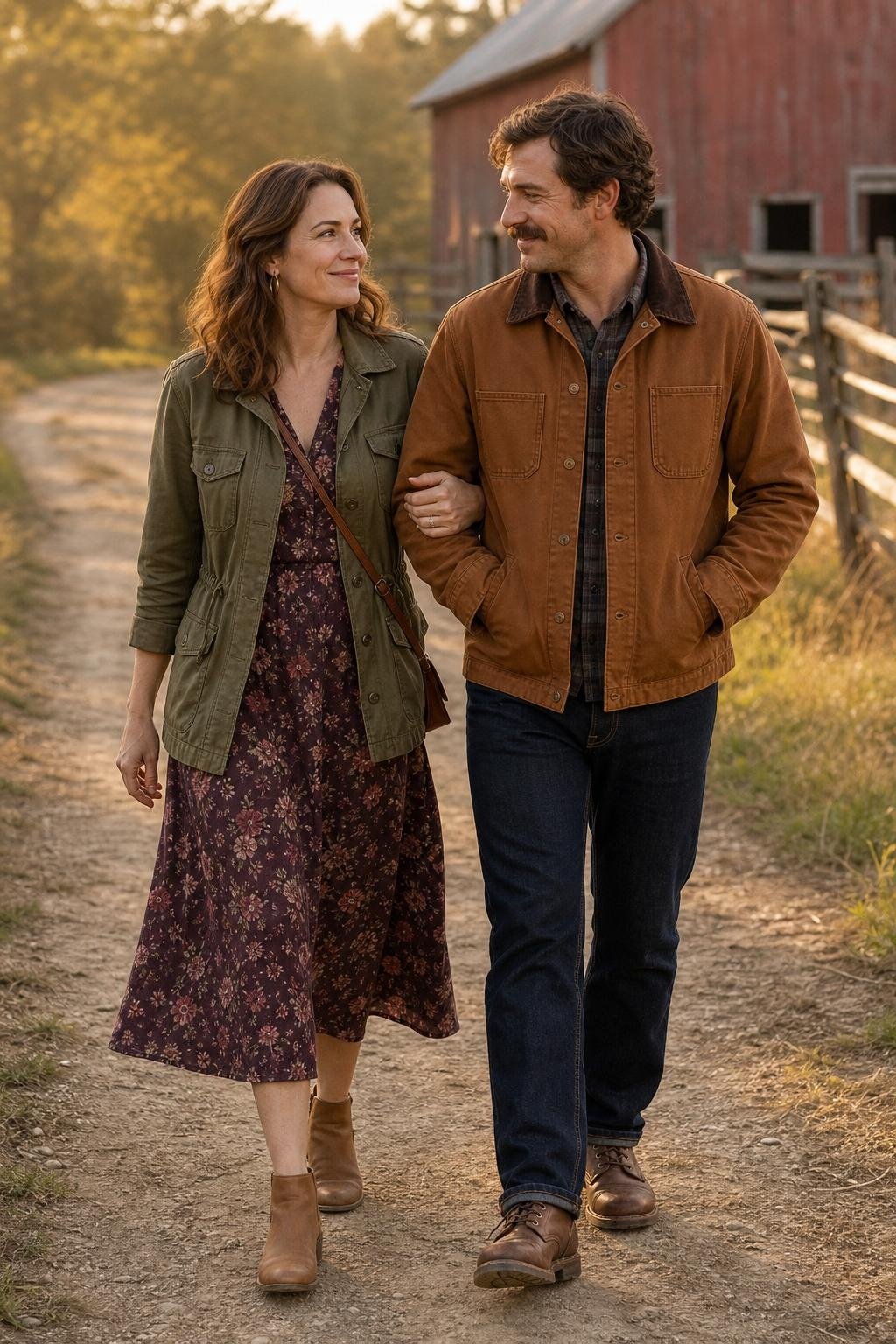 Olive utility jacket, plum floral midi dress, tan ankle boots, rustic farm lane scene (option 2)