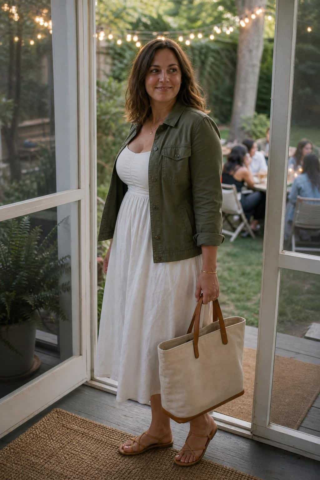 Olive utility jacket, white cotton sundress, leather sandals, canvas tote, early evening backyard gathering (option 2)