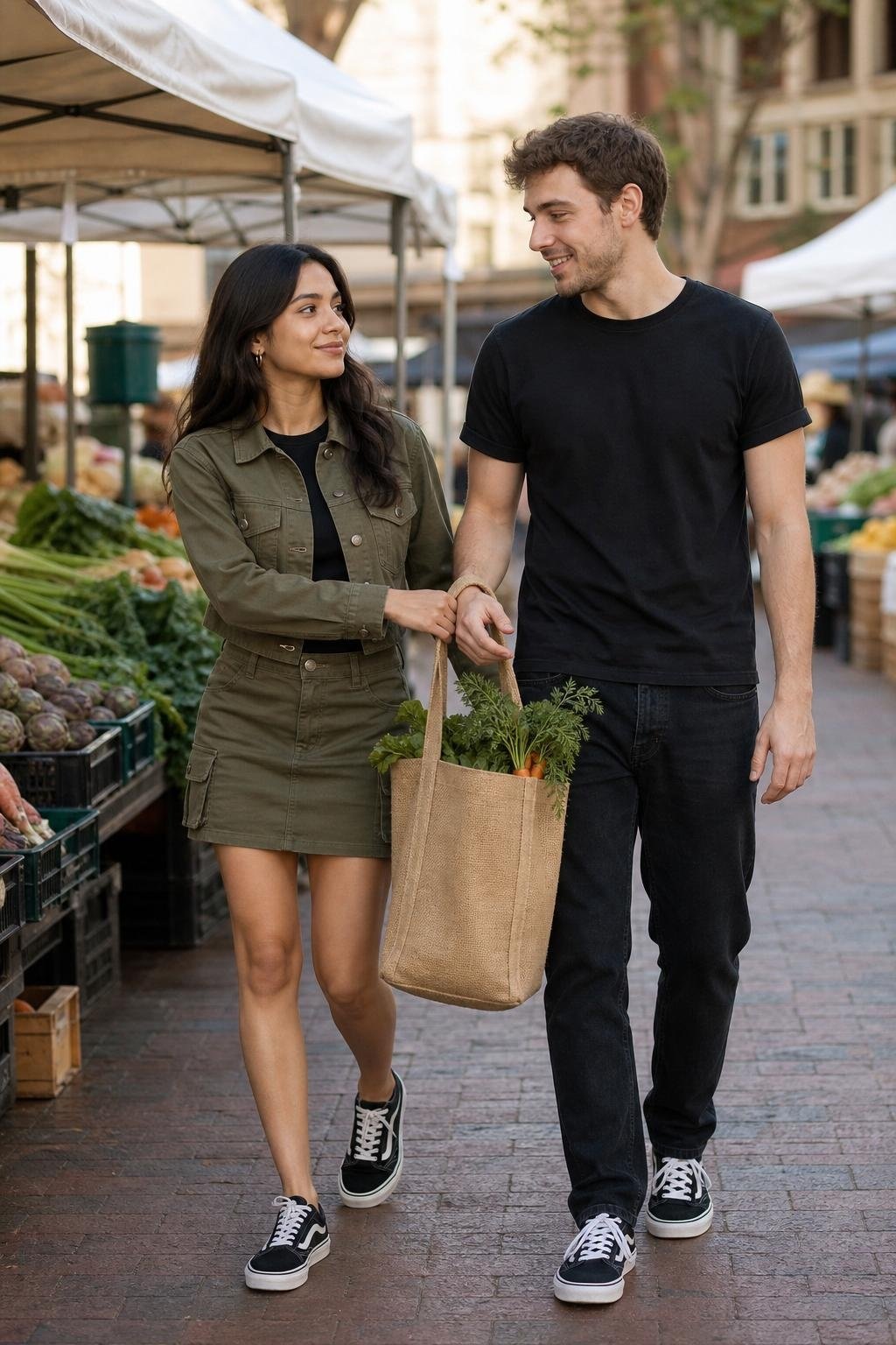 olive utility jacket with black tee, olive cargo skirt, black jeans, sneakers at a weekend market (option 1)