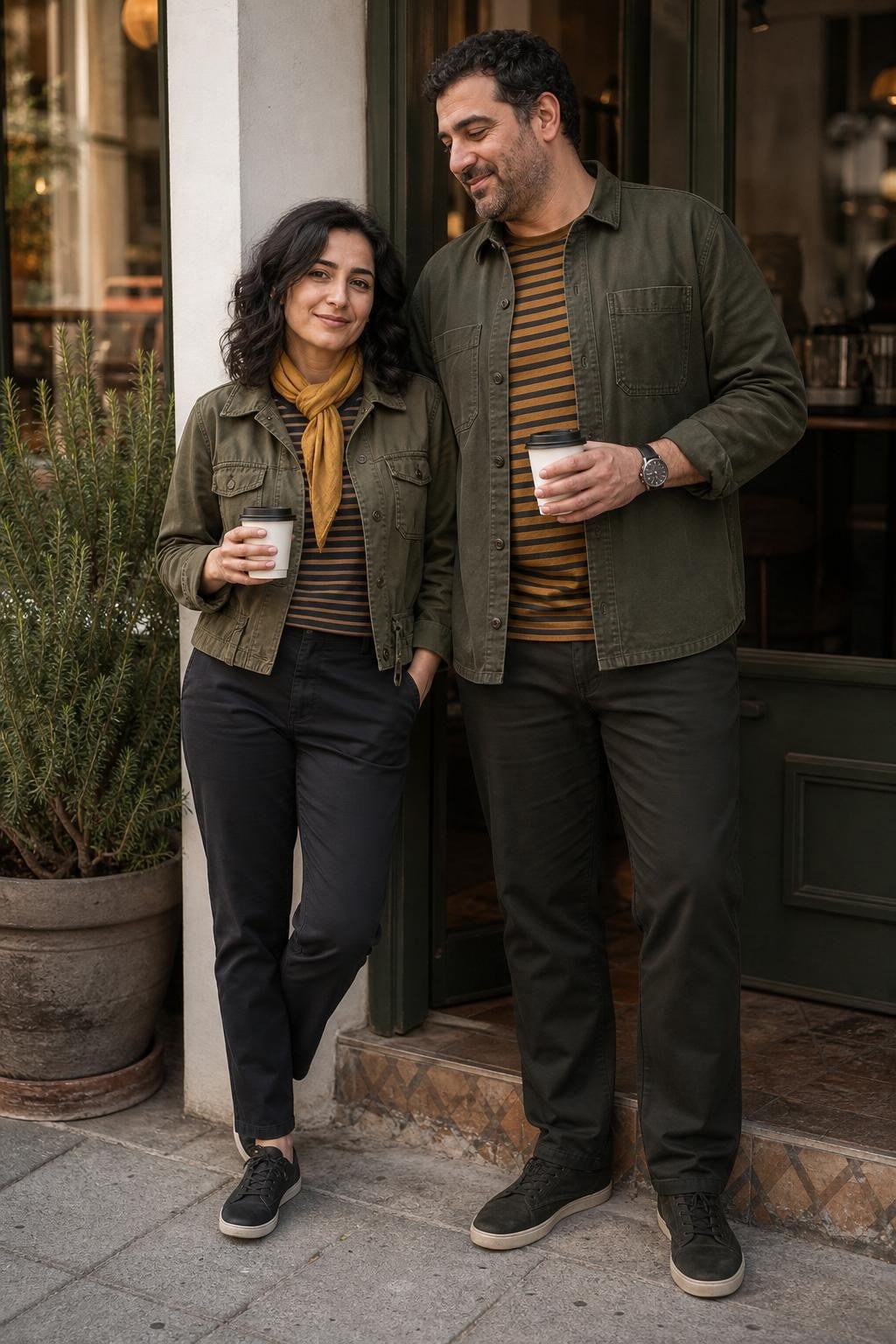 Olive utility jacket with dark chinos, marigold scarf, striped tee, sneakers, coffee run street mood (option 2)