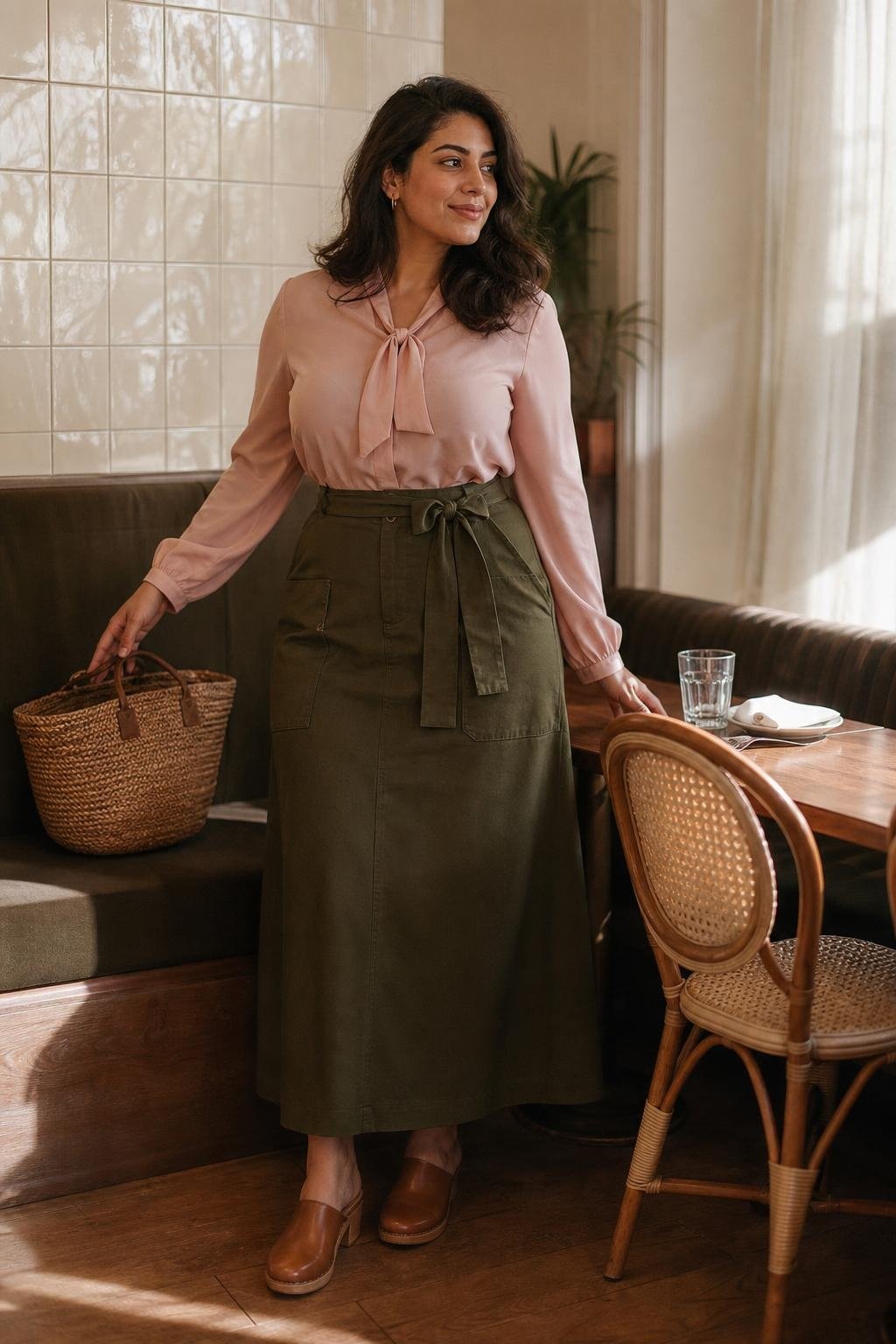 Olive utility midi skirt, blush tie-neck blouse, brown clogs, woven bag, neighborhood lunch spot (option 2)