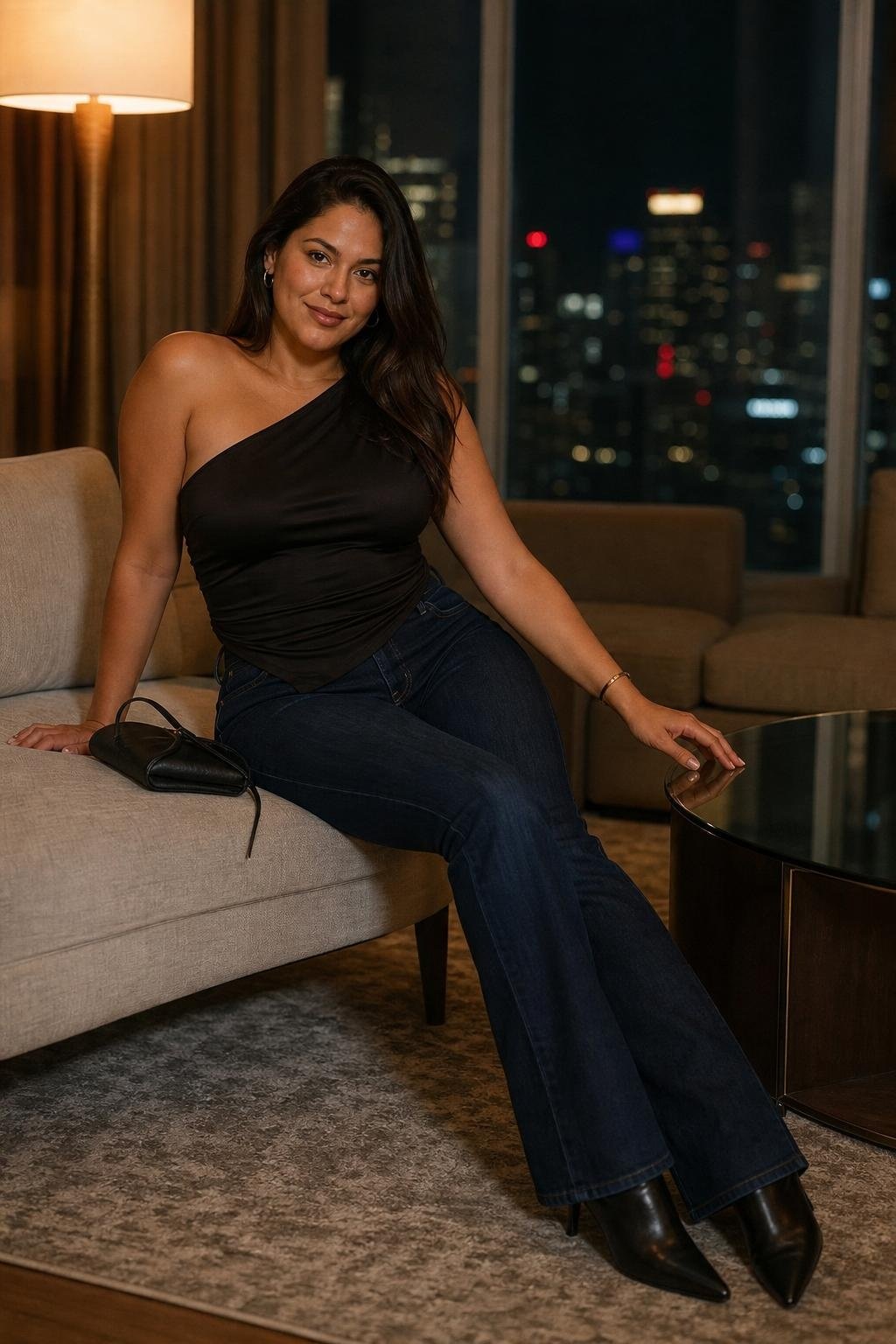 One-shoulder asymmetrical top, dark bootcut jeans, heeled boots, sleek evening lounge mood (option 2)