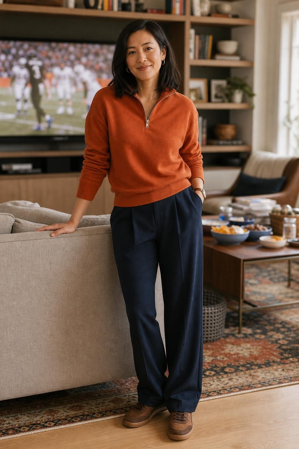 Orange half-zip pullover, navy relaxed trousers, brown sneakers, polished family watch party living room (option 1)