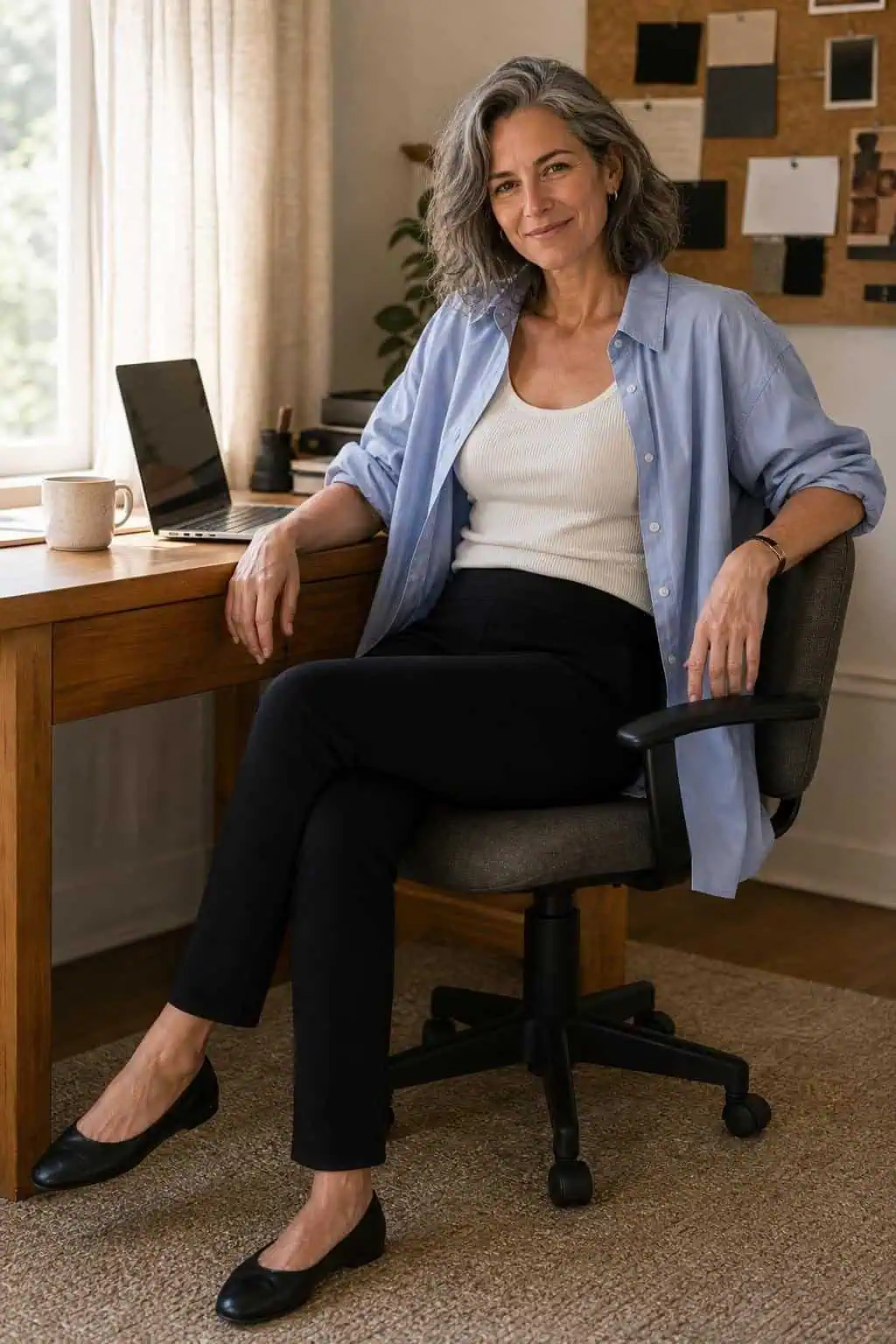 Oversized blue button-down, cream knit tank, black ponte pants, ballet flats in a home office (option 2)