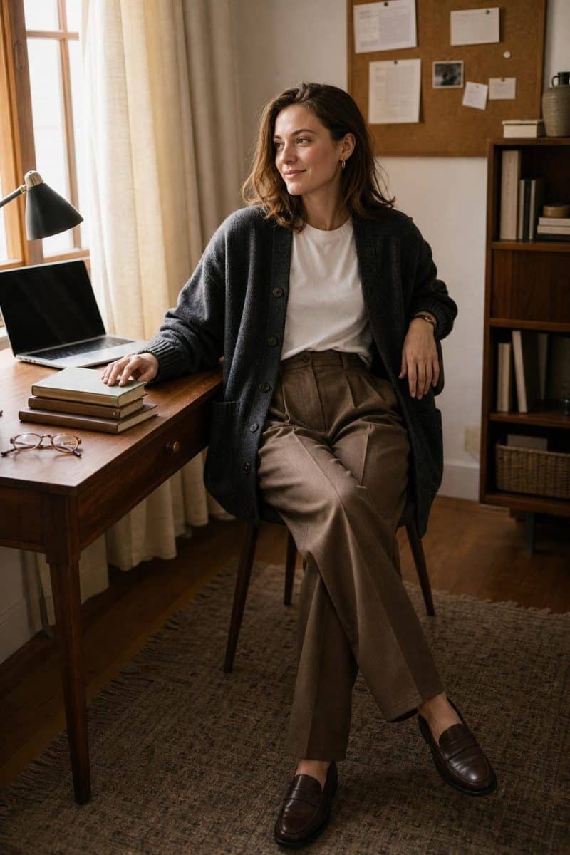 Oversized charcoal cardigan, white tee, pleated brown trousers, loafers, sunlit home office with stacked books (option 1)