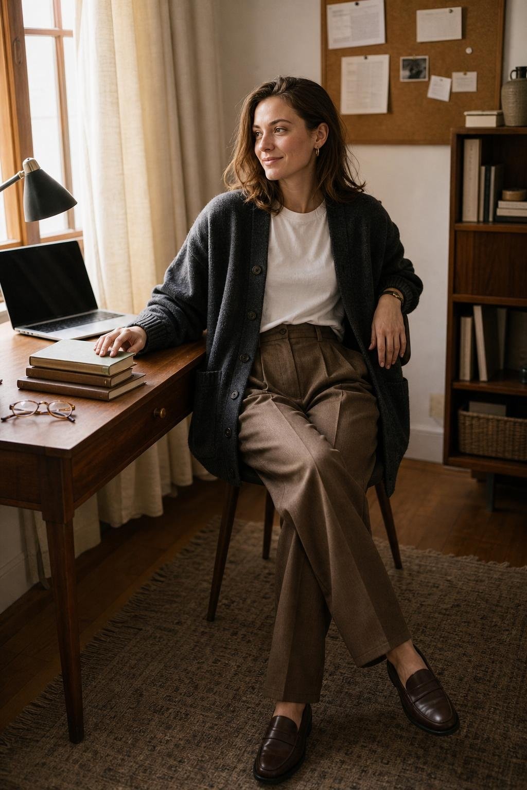 Oversized charcoal cardigan, white tee, pleated brown trousers, loafers, sunlit home office with stacked books (option 1)