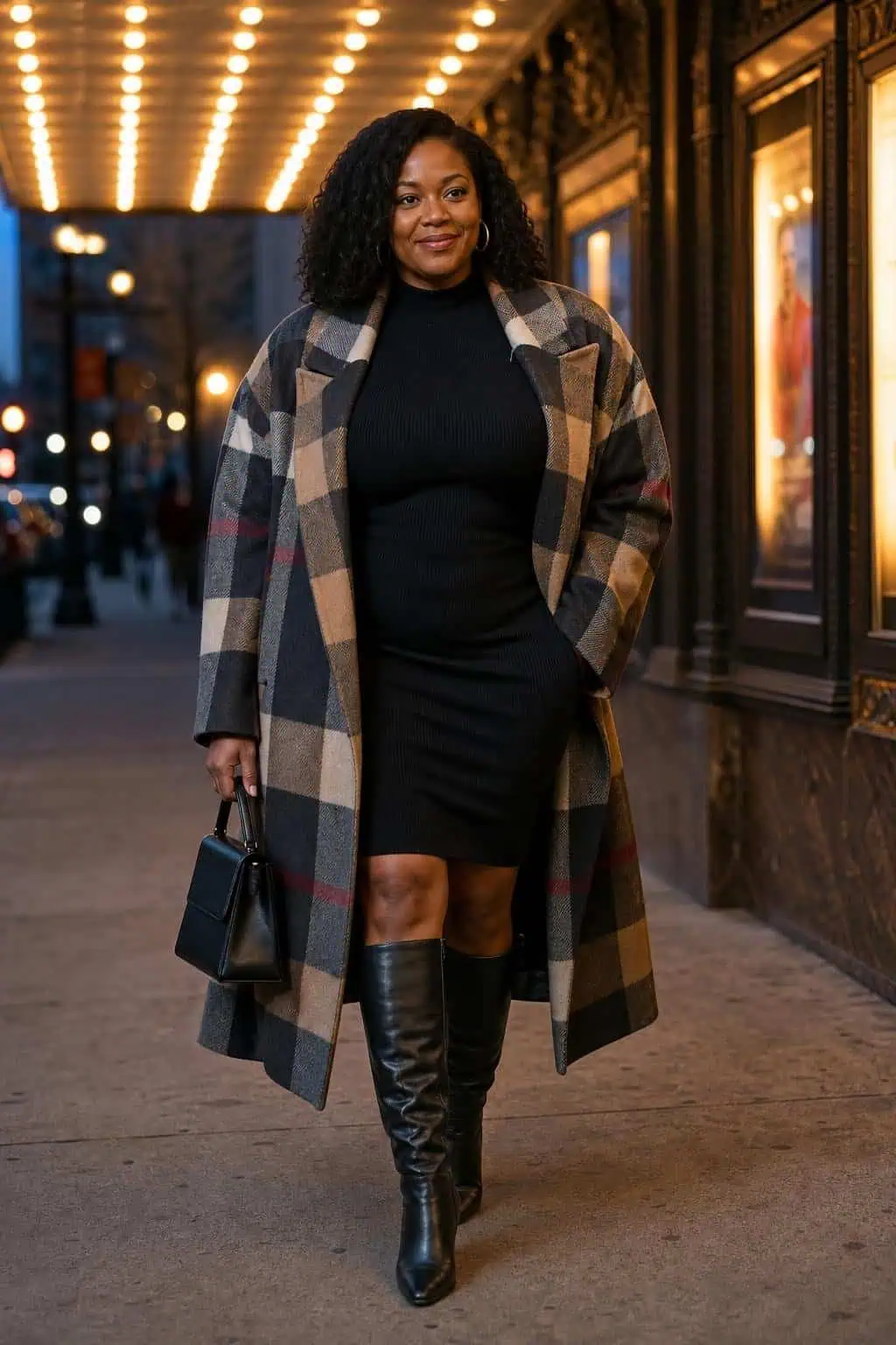 Oversized plaid coat over black sweater dress, knee-high leather boots, structured bag, theater district evening (option 1)