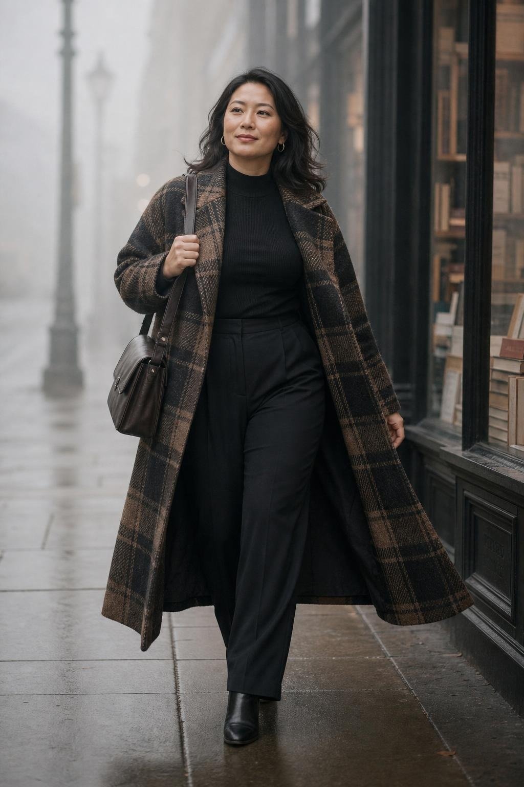 Oversized plaid wool coat, black knit top, black trousers, ankle boots, foggy sidewalk outside a bookshop (option 1)