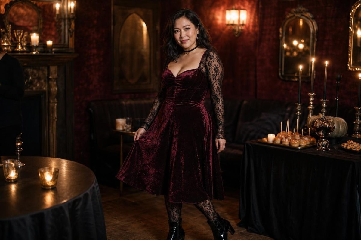 Oxblood velvet vampire dress, lace tights, patent boots, candlelit Halloween cocktail party (option 1)