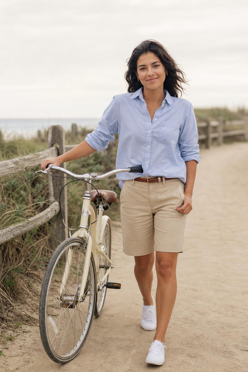 Pale blue oxford shirt, khaki Bermuda shorts, white sneakers on a coastal bike path (option 1)