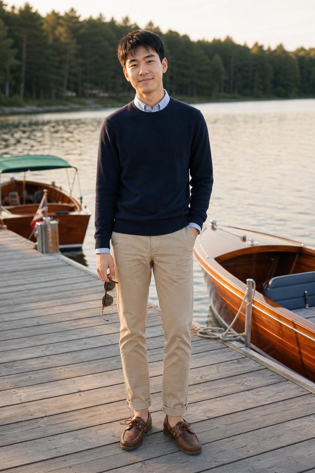 Pale blue oxford shirt, navy crewneck sweater, khaki chinos, brown boat shoes, lakeside dock afternoon (option 1)