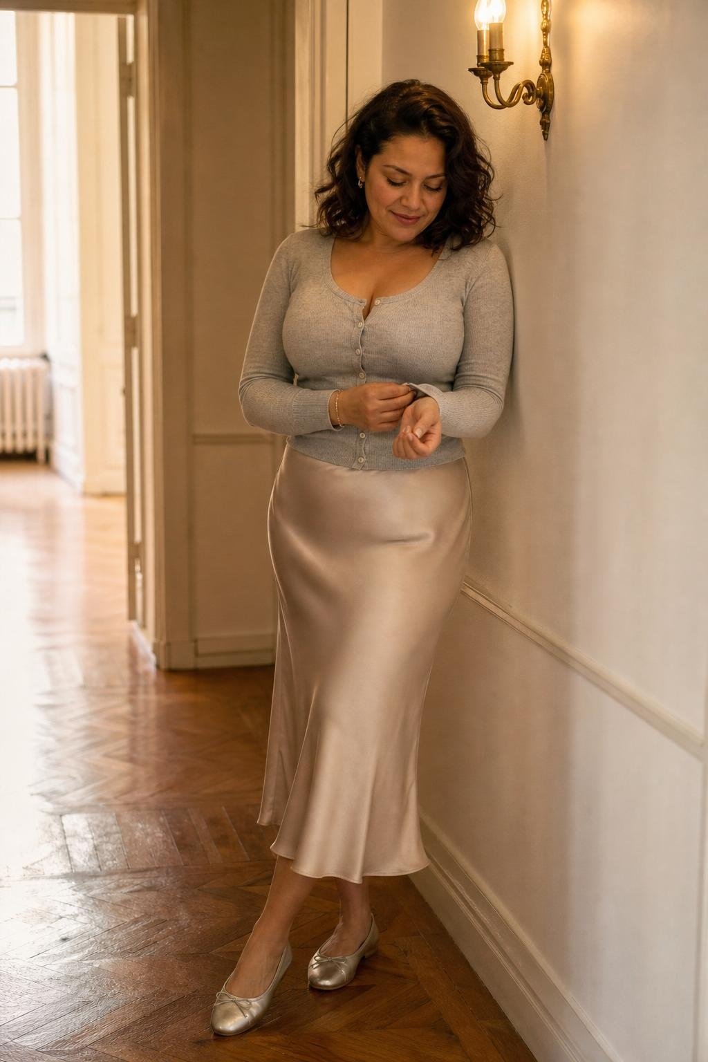 pale gray cardigan buttoned as top, champagne slip skirt, silver flats, quiet apartment hallway (option 2)